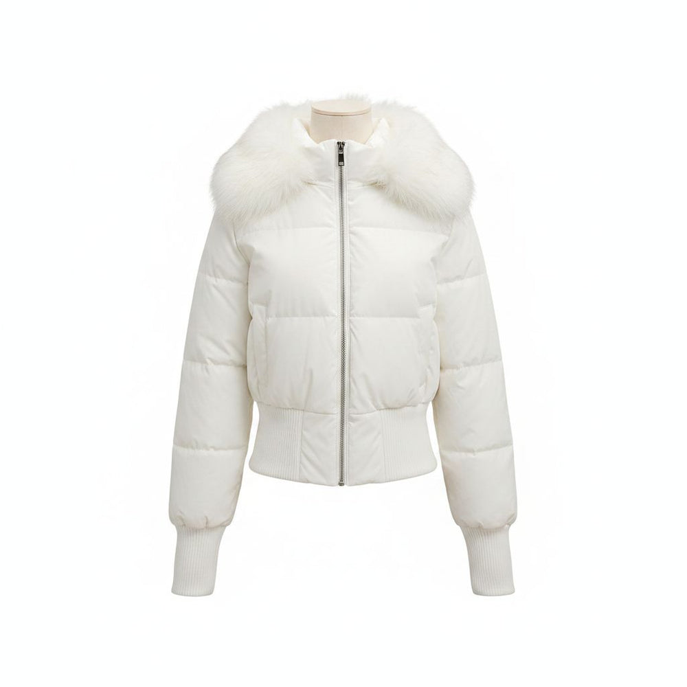 An off-white puffer jacket with a fluffy faux-fur collar, displayed on a mannequin against a solid white background.