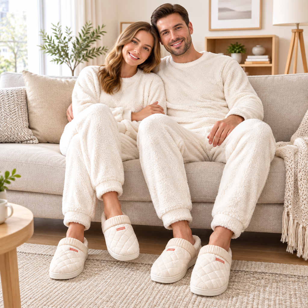 A smiling couple wearing matching cozy cream fleece pajama sets and quilted slip-on slippers sits together on a light beige sofa in a bright, modern living room.