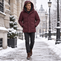 A man wearing a burgundy hooded puffer jacket, dark gray pants, and brown boots walks down a snow-covered city street lined with black lampposts and stone buildings.