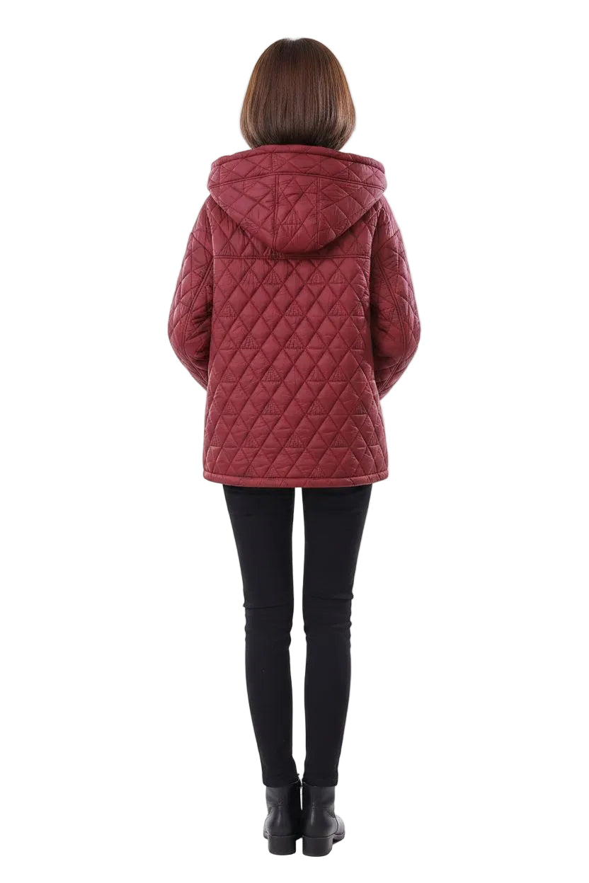 A woman viewed from behind wearing a quilted burgundy hooded jacket, black leggings, and black boots against a plain white background.
