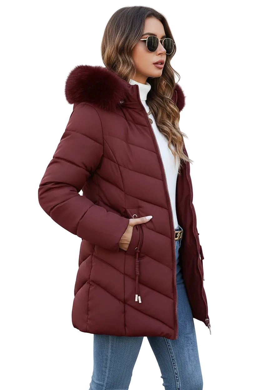 A woman wearing a long quilted puffer coat in burgundy with a faux-fur trimmed hood, styled with a white turtleneck, sunglasses, and blue jeans against a plain white background.
