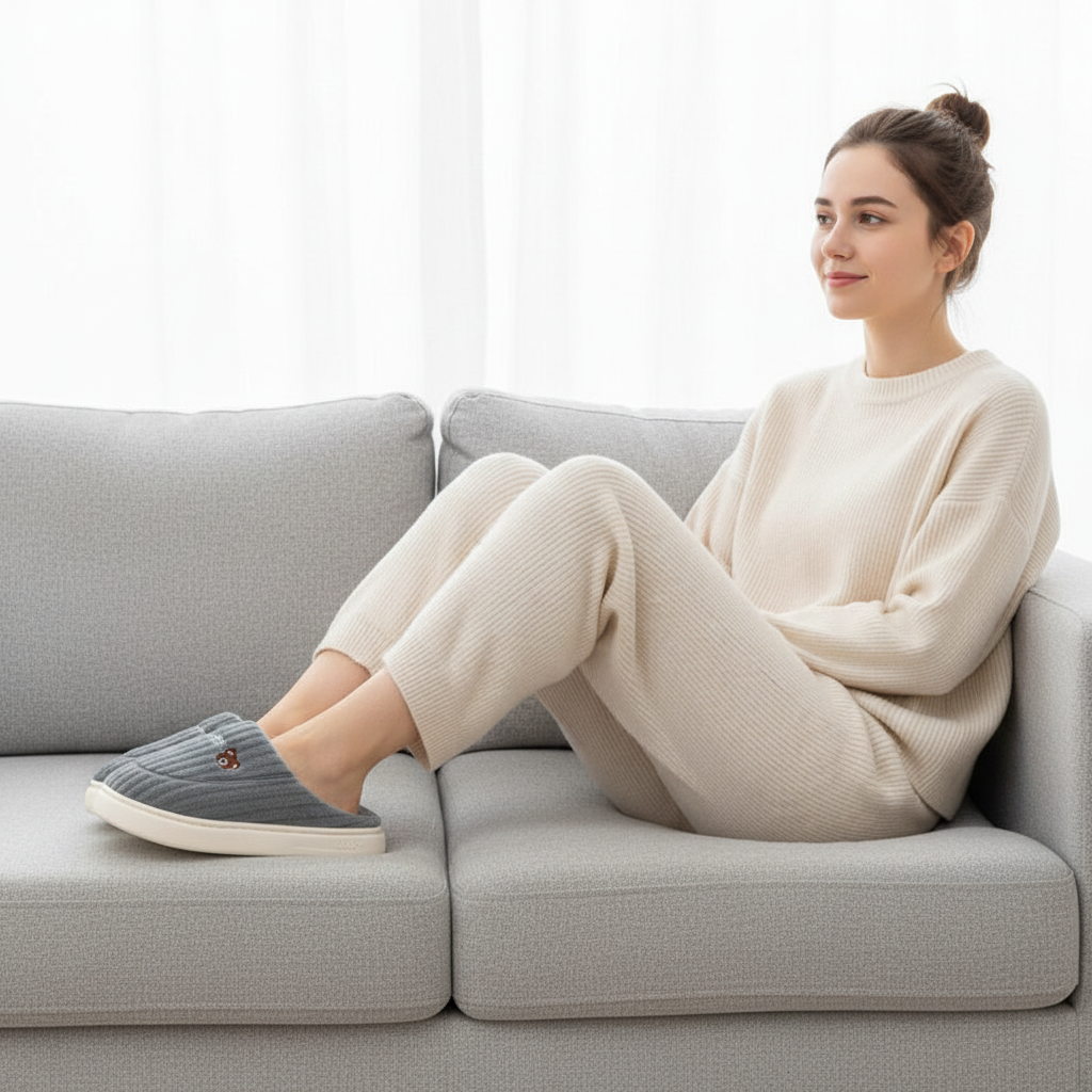 A woman sits on a light gray sofa wearing a cream ribbed knit sweater and matching pants, with gray slip-on slippers on a white-framed floor lamp nearby.