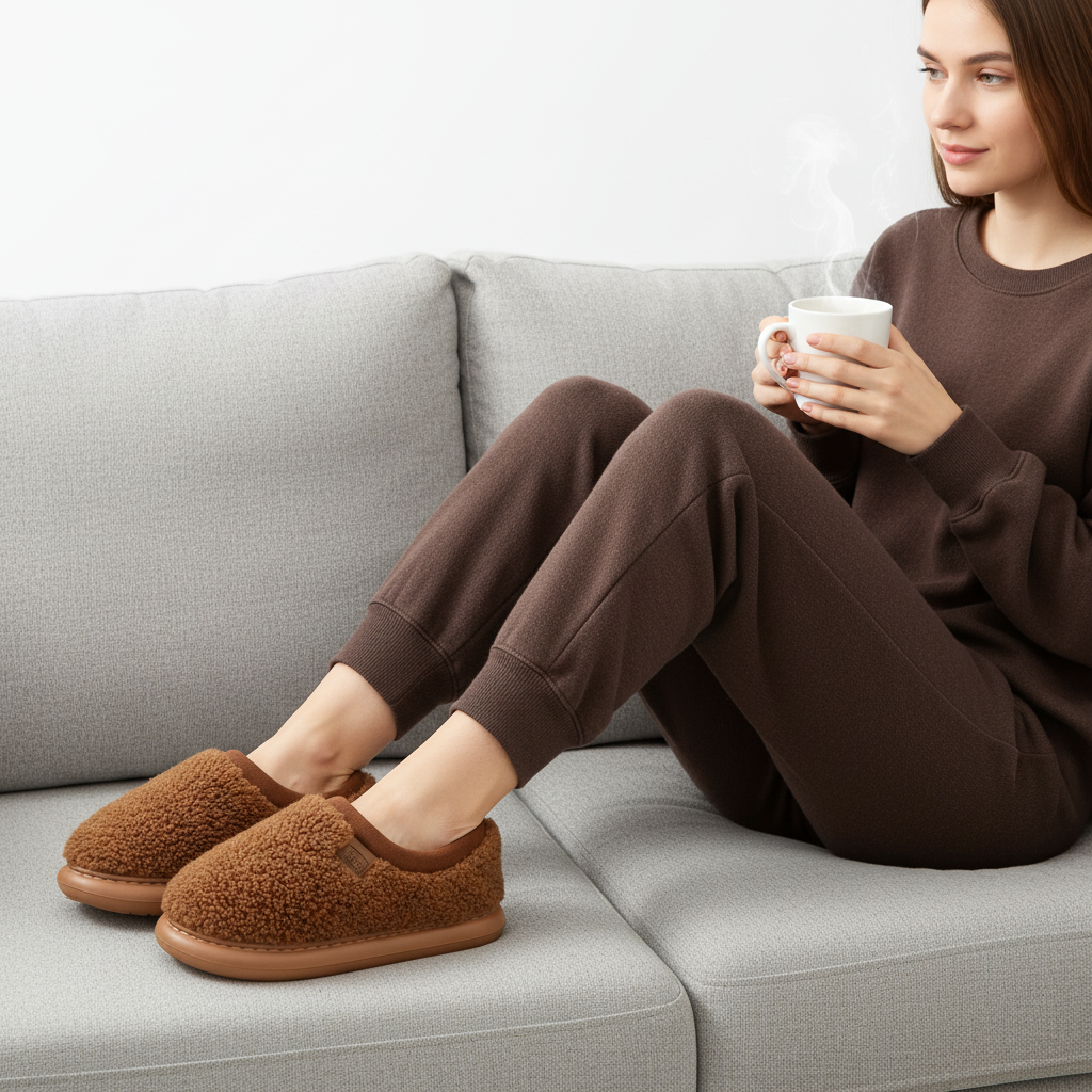 A woman sits on a light gray sofa wearing a matching brown sweatshirt and jogger pants with plush brown slip-on slippers, holding a white mug with steam rising.