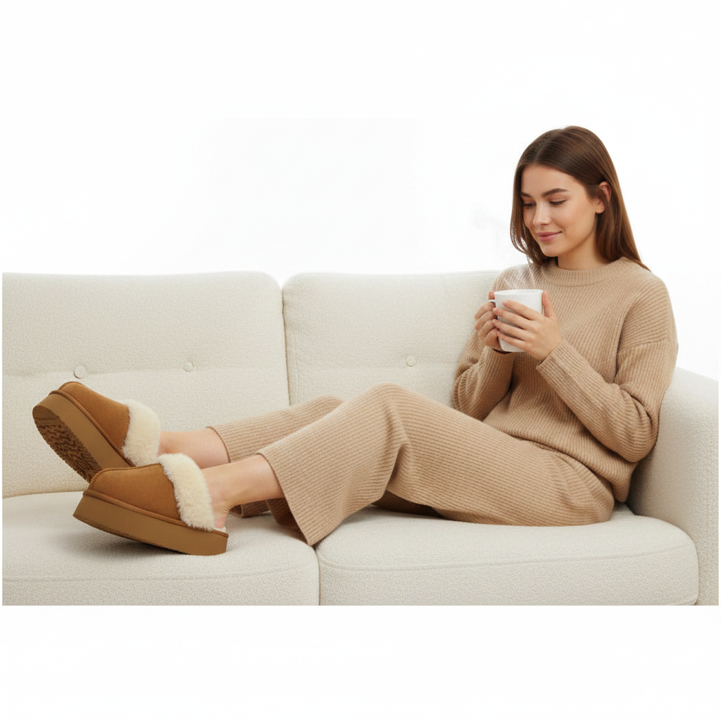 A woman sits on a cream-colored sofa wearing a matching beige knit sweater and wide-leg pants, with brown slip-on slippers featuring white faux-fur trim. She is holding a white mug against a clean white background.