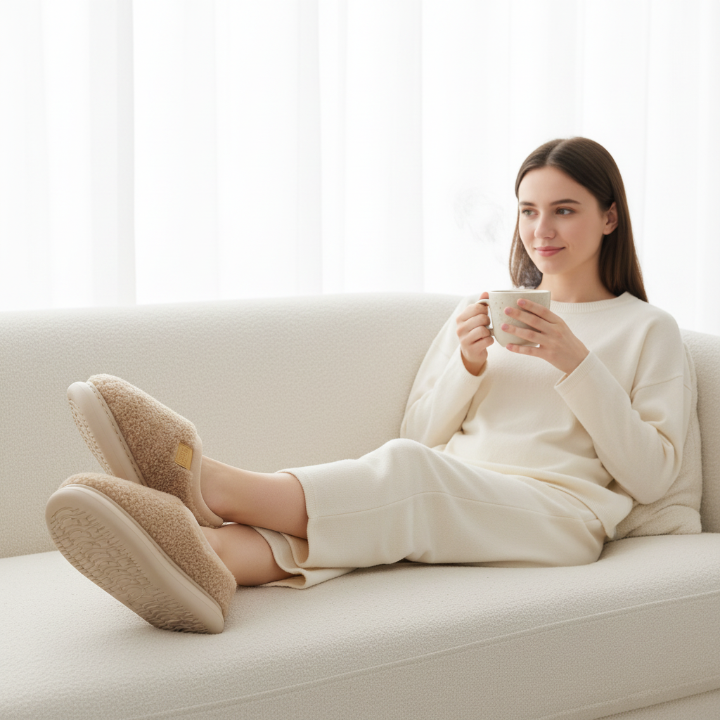 A woman relaxes on a cream-colored sofa, wearing a matching cream lounge set and beige plush slip-on slippers while holding a white mug.