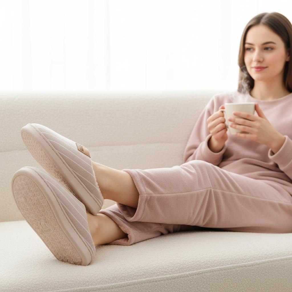 A woman reclining on a white sofa with her feet up, wearing a matching dusty pink lounge set and light beige slip-on slippers while holding a white mug.