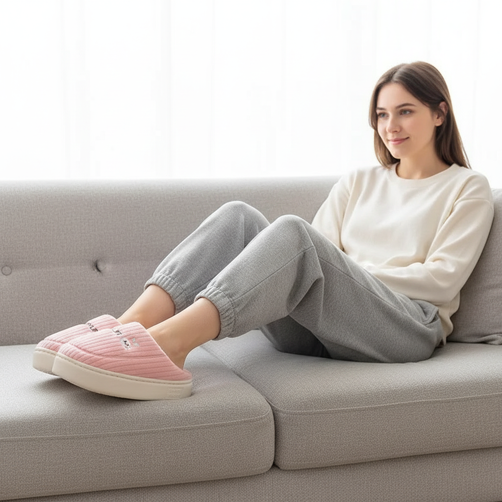 A woman sits on a light gray sofa wearing pink striped slip-on slippers with white soles, a cream sweatshirt, and light gray jogger pants.