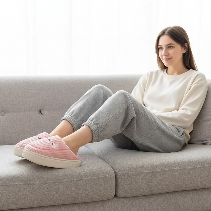 A woman sits on a light gray sofa wearing pink striped slip-on slippers with white soles, a cream sweatshirt, and light gray jogger pants.
