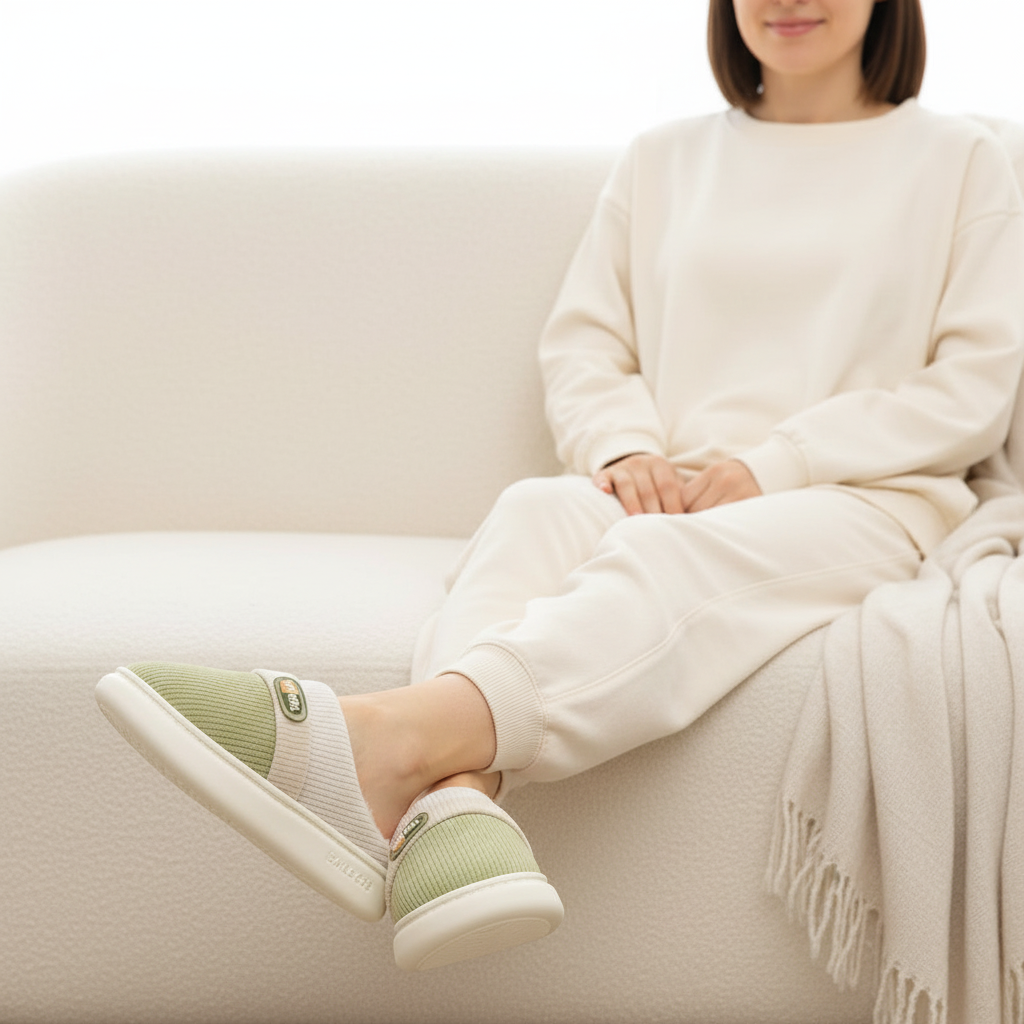 A woman sits on a cream sofa wearing a matching cream sweatshirt and jogger pants, with light sage green slip-on slippers featuring white ribbed trim and small green-and-white logo tabs.