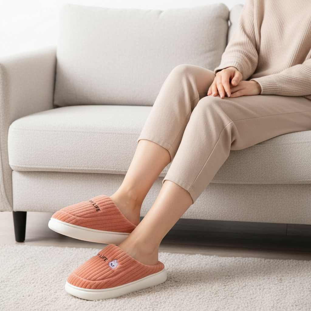 A person seated on a light beige sofa wearing ribbed slip-on house slippers with white soles. The slippers are a muted coral pink color with a small embroidered character detail on the front.