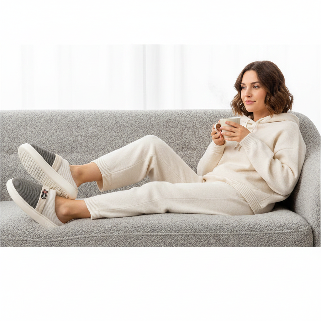 A woman reclining on a light gray textured couch, wearing a matching cream-colored lounge set and slippers while holding a white mug.