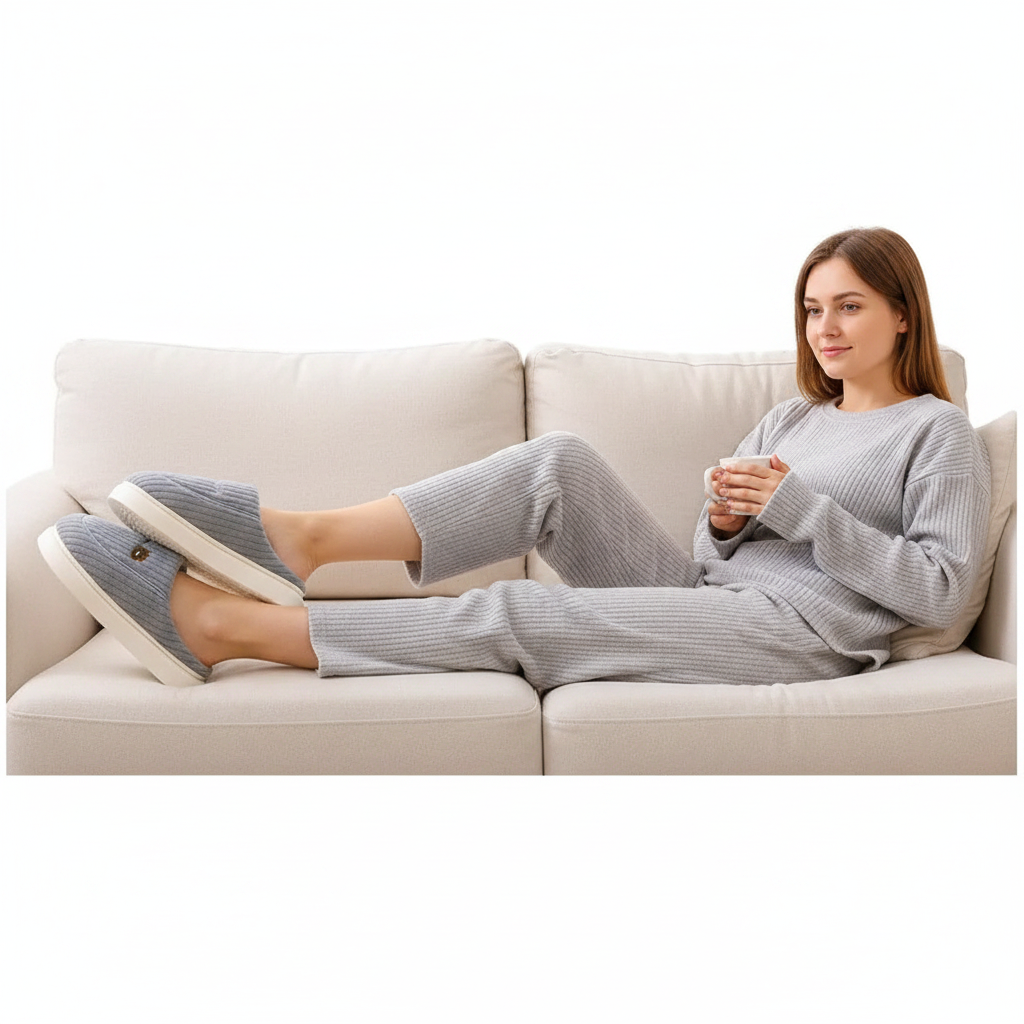 A woman wearing a light gray ribbed lounge set and matching slip-on slippers reclines on a cream-colored sofa, holding a mug.
