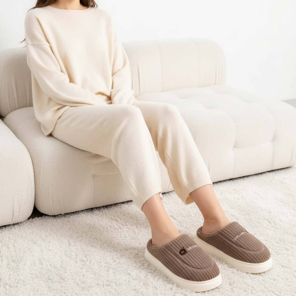 A person sitting on a cream tufted sofa wearing a matching cream knit lounge set and brown slip-on slippers with white soles, in a bright indoor setting with a white rug.
