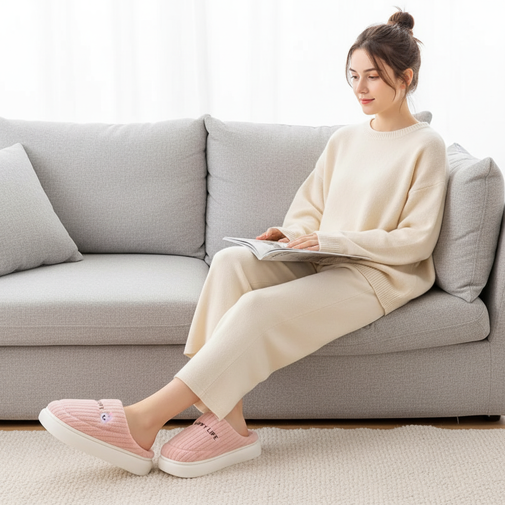 A woman sits on a light gray sofa reading a magazine, wearing a cream-colored knit lounge set and pink slip-on slippers with white soles in a bright, modern living room.
