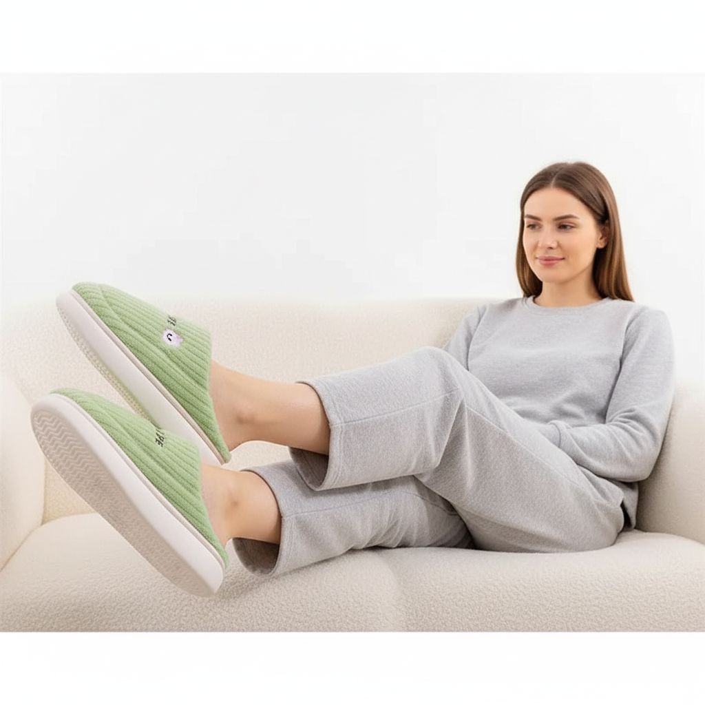 A woman reclining on a light beige sofa wearing light gray sweatpants and a matching long-sleeve top, with one foot raised to show mint green ribbed slip-on slippers with white soles.