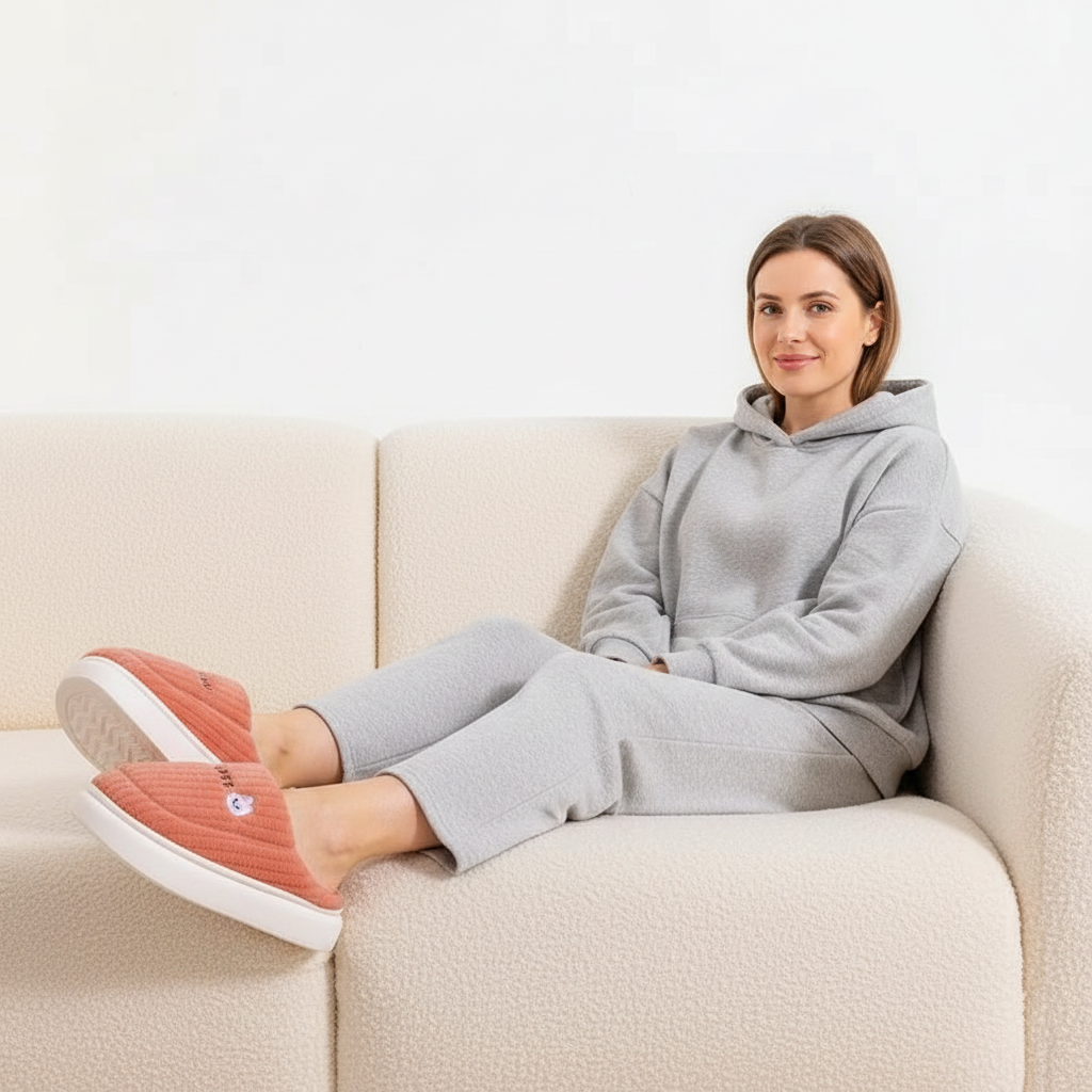 A woman sits on a cream-colored textured sofa wearing a light gray two-piece lounge set and coral pink slip-on slippers with white soles.