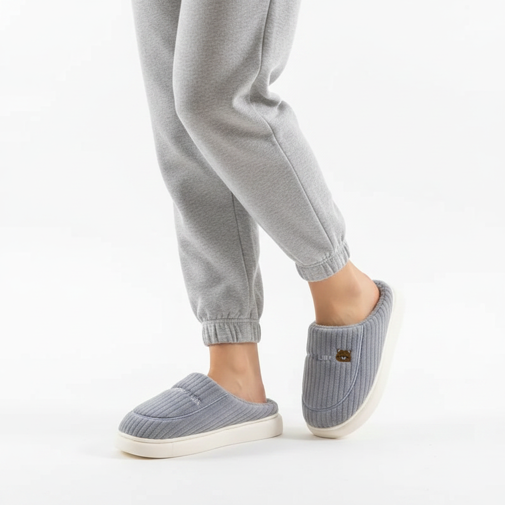 A person wearing light gray jogger pants and matching ribbed slip-on slippers with white soles, shown against a clean white studio background.