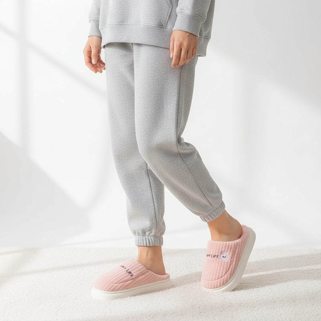 A person wearing light gray jogger sweatpants and a matching sweatshirt, paired with pink slip-on slippers with white soles, standing in a bright white indoor setting.