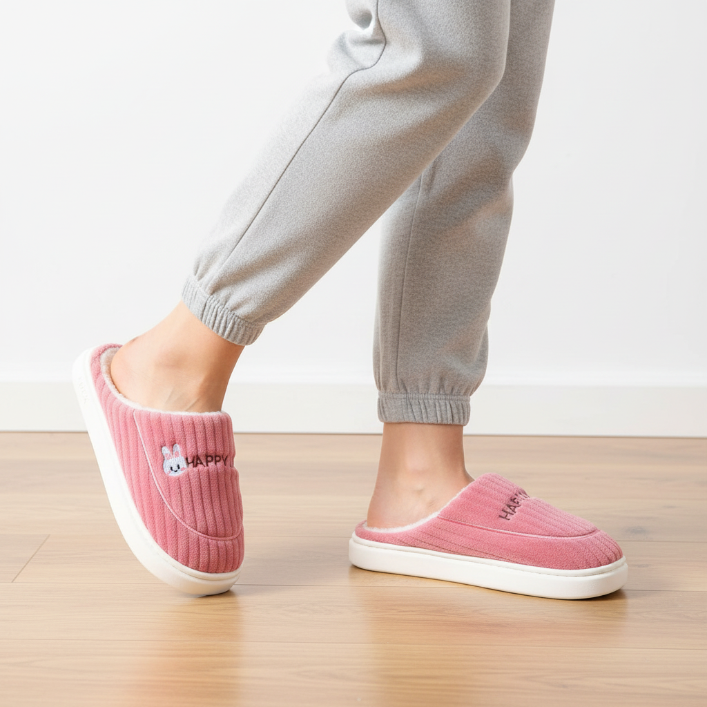 A person wearing pink ribbed slip-on house slippers with white soles and a small bunny patch on one slipper, shown standing on a light wood floor against a white wall.
