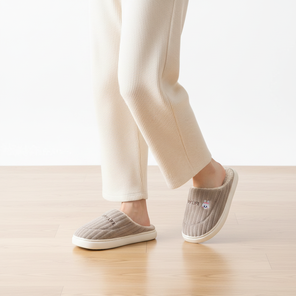 A person wearing beige ribbed lounge pants and matching slip-on slippers with a small embroidered bunny face on the side, standing on a light wood floor against a white wall.