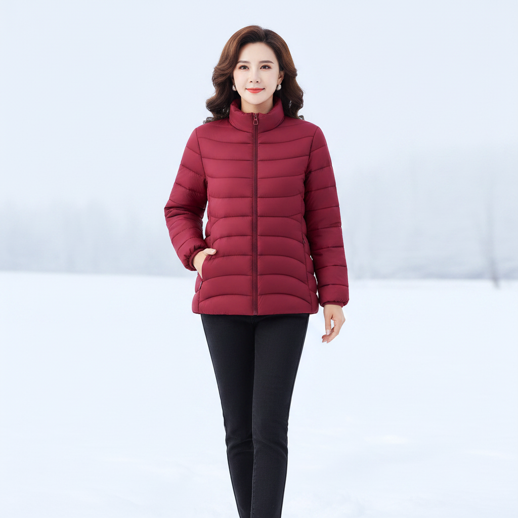 A woman stands outdoors in a snowy landscape wearing a quilted puffer jacket in deep burgundy red with black pants.