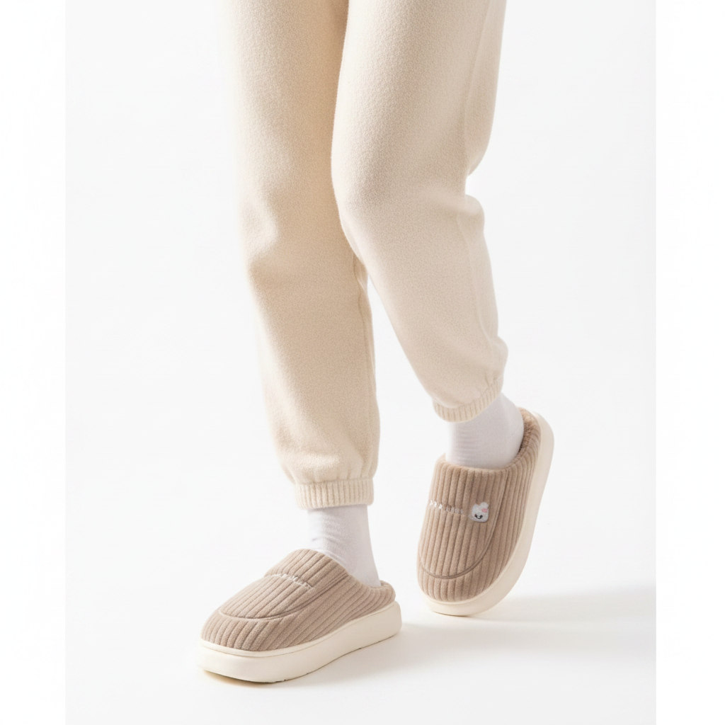 A person wearing beige ribbed slip-on slippers with white socks and cream jogger pants, shown from the calves down against a clean white studio background.
