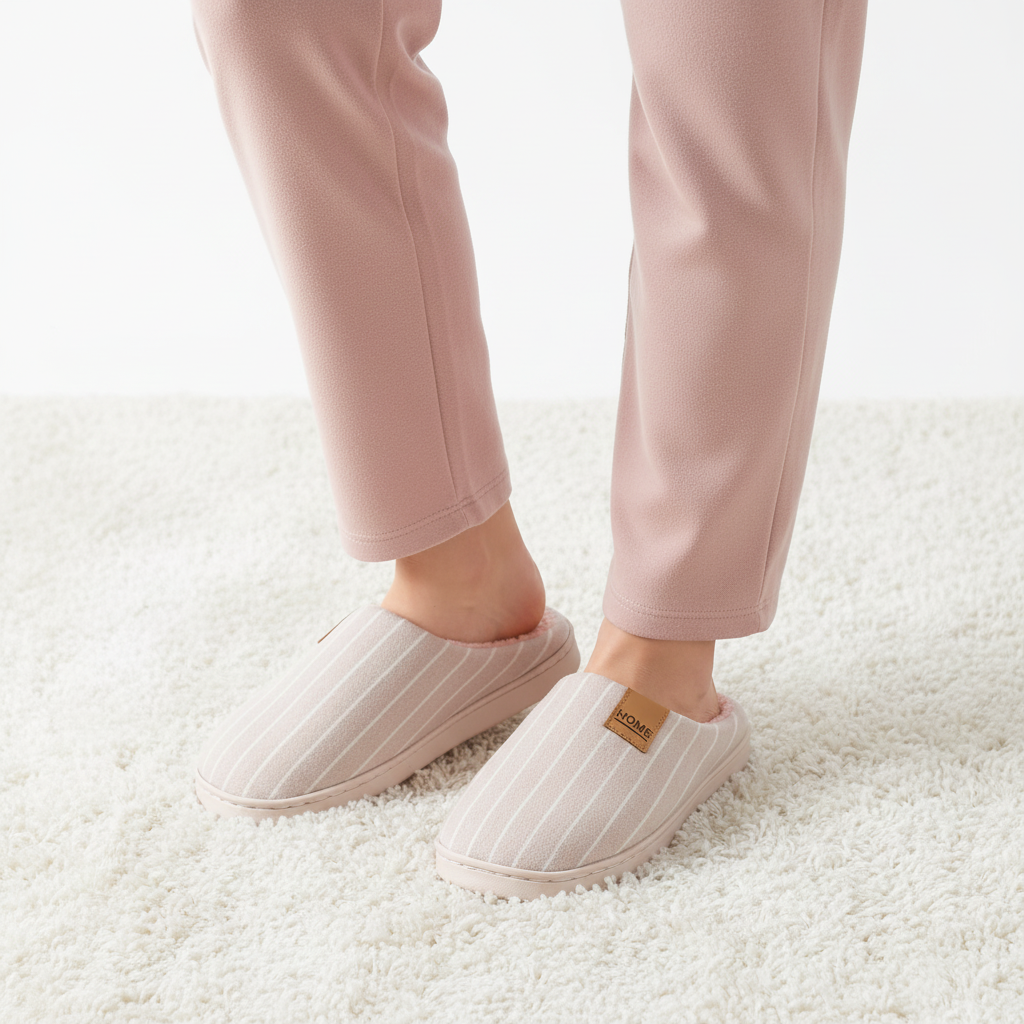 A person wearing light pink pants and cream-colored slip-on slippers with thin vertical pink stripes, standing on a white shag rug.