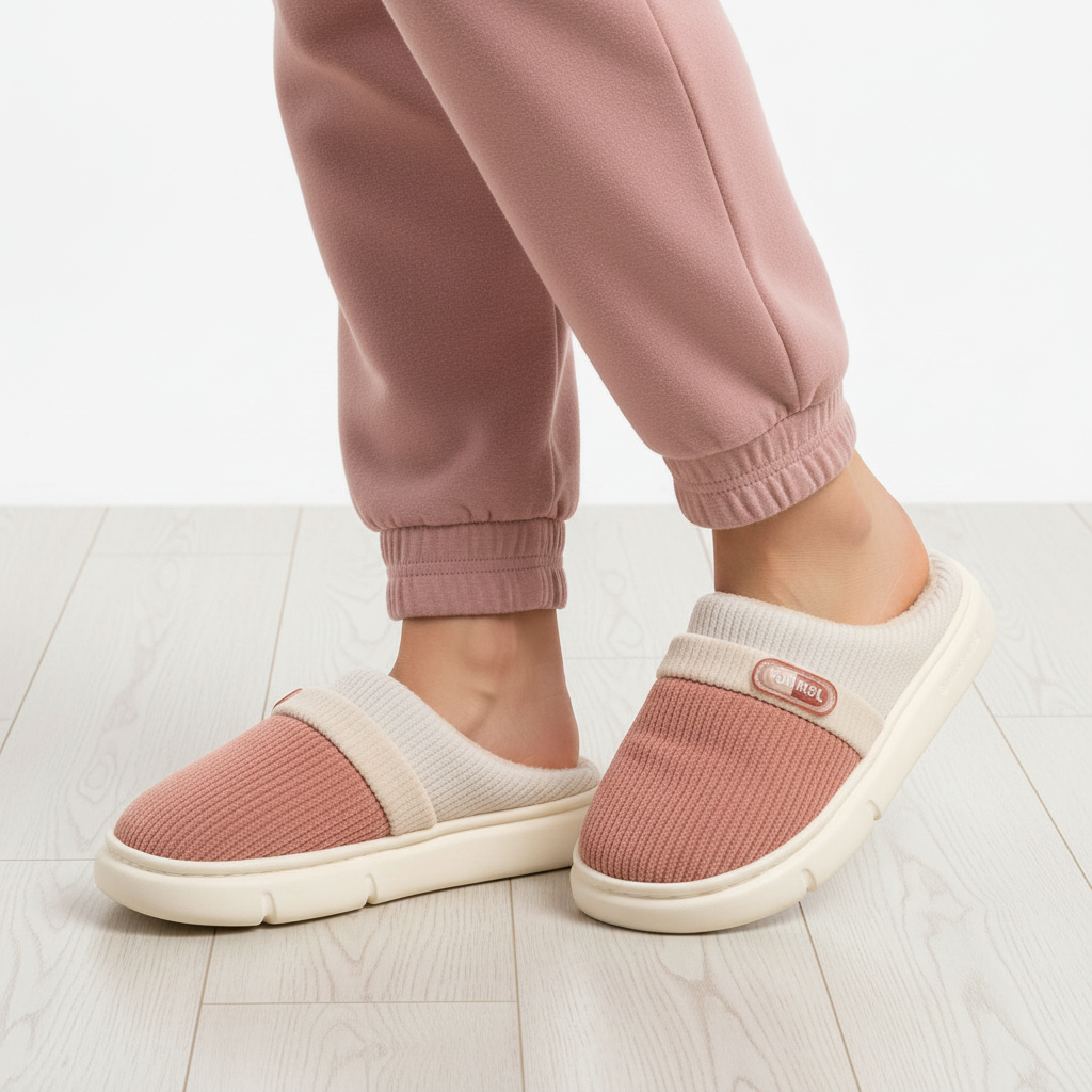 A person wearing pink knit slip-on mule slippers with cream elastic bands and cream soles, paired with matching pink jogger pants, standing on a light wood floor.