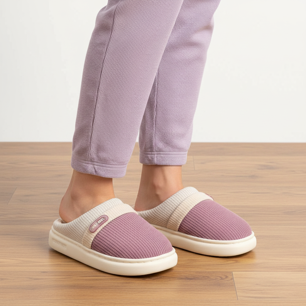 A person wearing mauve ribbed slip-on slippers with cream elastic bands and cream soles, standing on a light wood floor against a white wall.