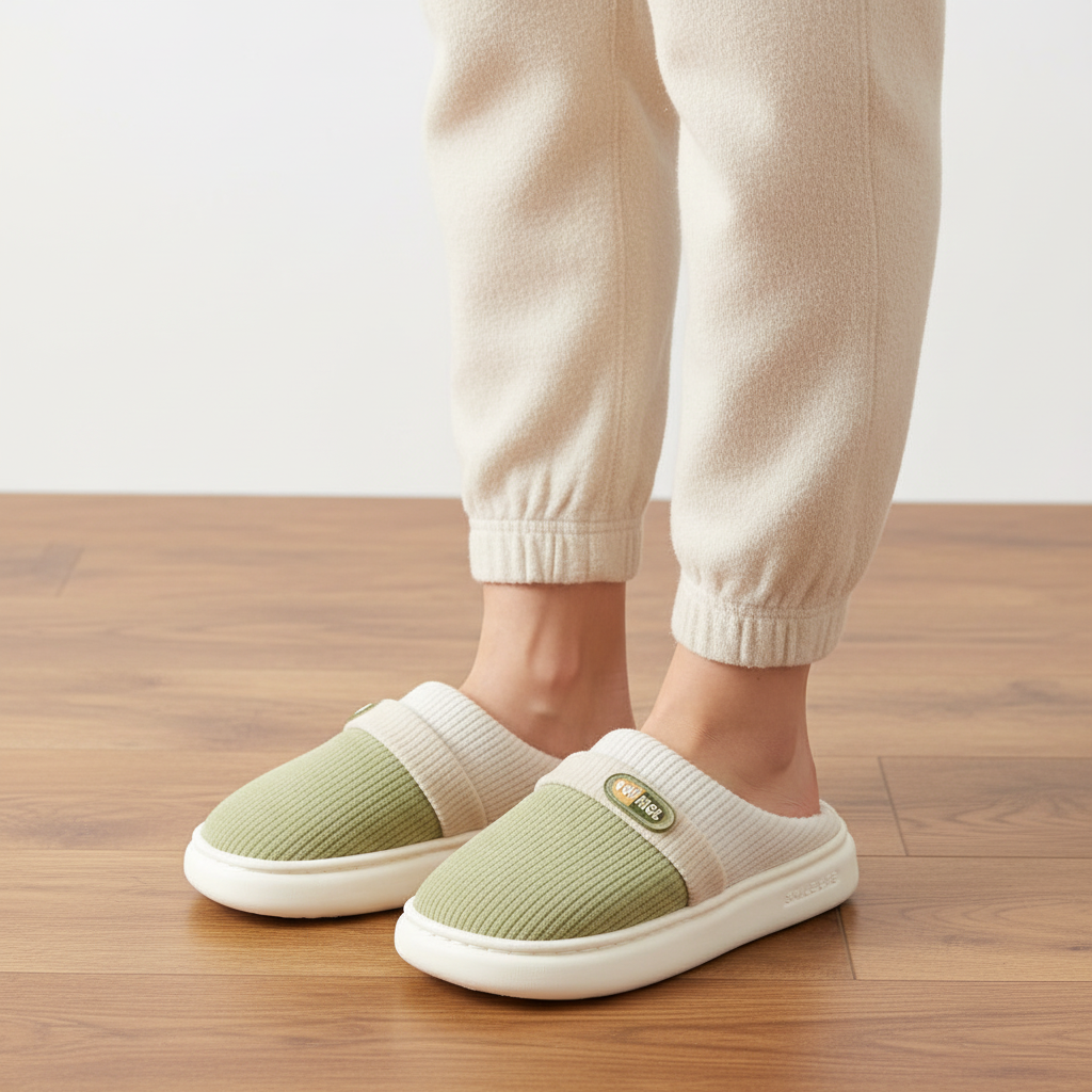 A person wearing light beige jogger pants and ribbed slip-on mule slippers in sage green and off-white, standing on a wooden floor against a plain light wall.
