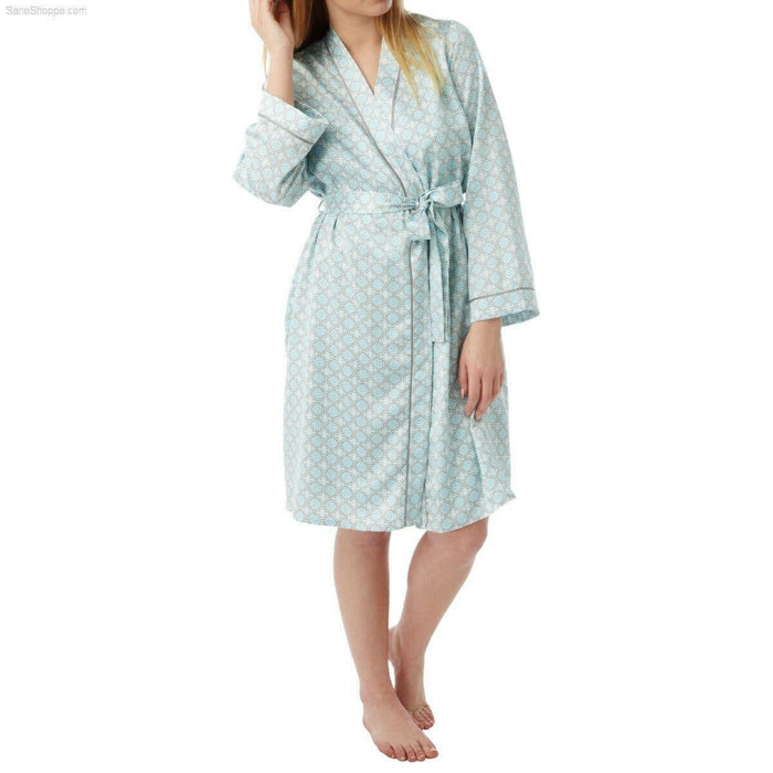 Women's Dressing Gown, Satin Kimono Silk Bathrobe Nightwear Aqua and Coral - SaneShoppe