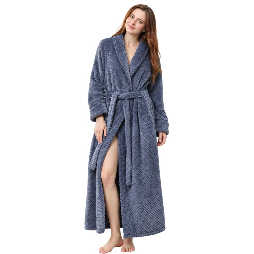 A woman modeling a plush, textured blue-gray bathrobe with a tie belt, standing against a solid white background.