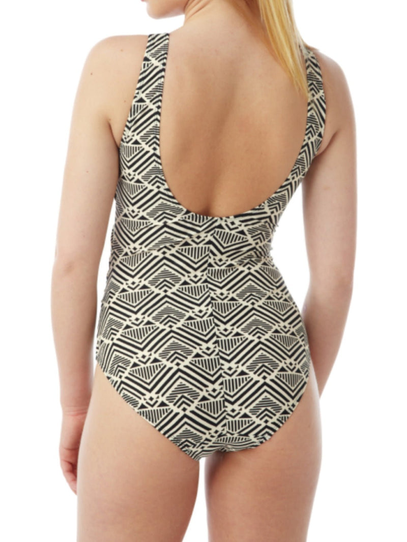 Women's Mono Print Wrap Style One Piece Swimsuit Swimwear - SaneShoppe