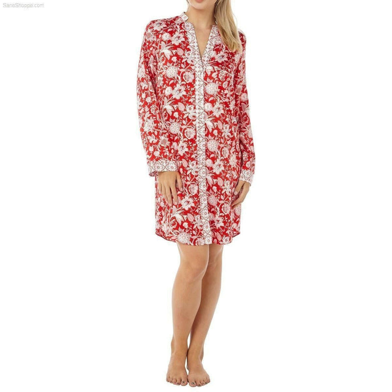 Women's Satin Nightshirt Button Down Printed Floral Navy and Red - SaneShoppe