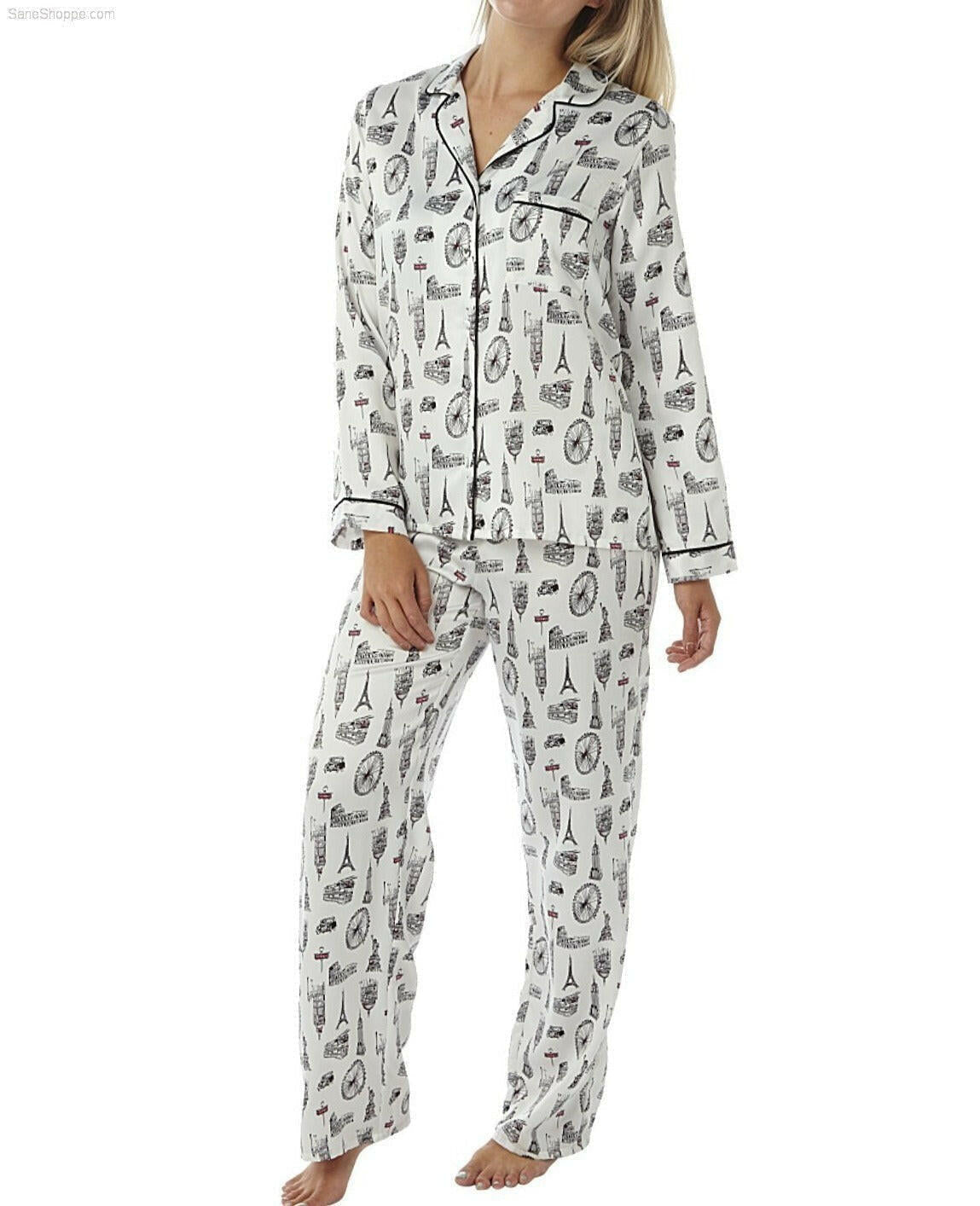 Women’s Satin Pyjamas Long Sleeve Nightwear Loungewear Set City Print - SaneShoppe