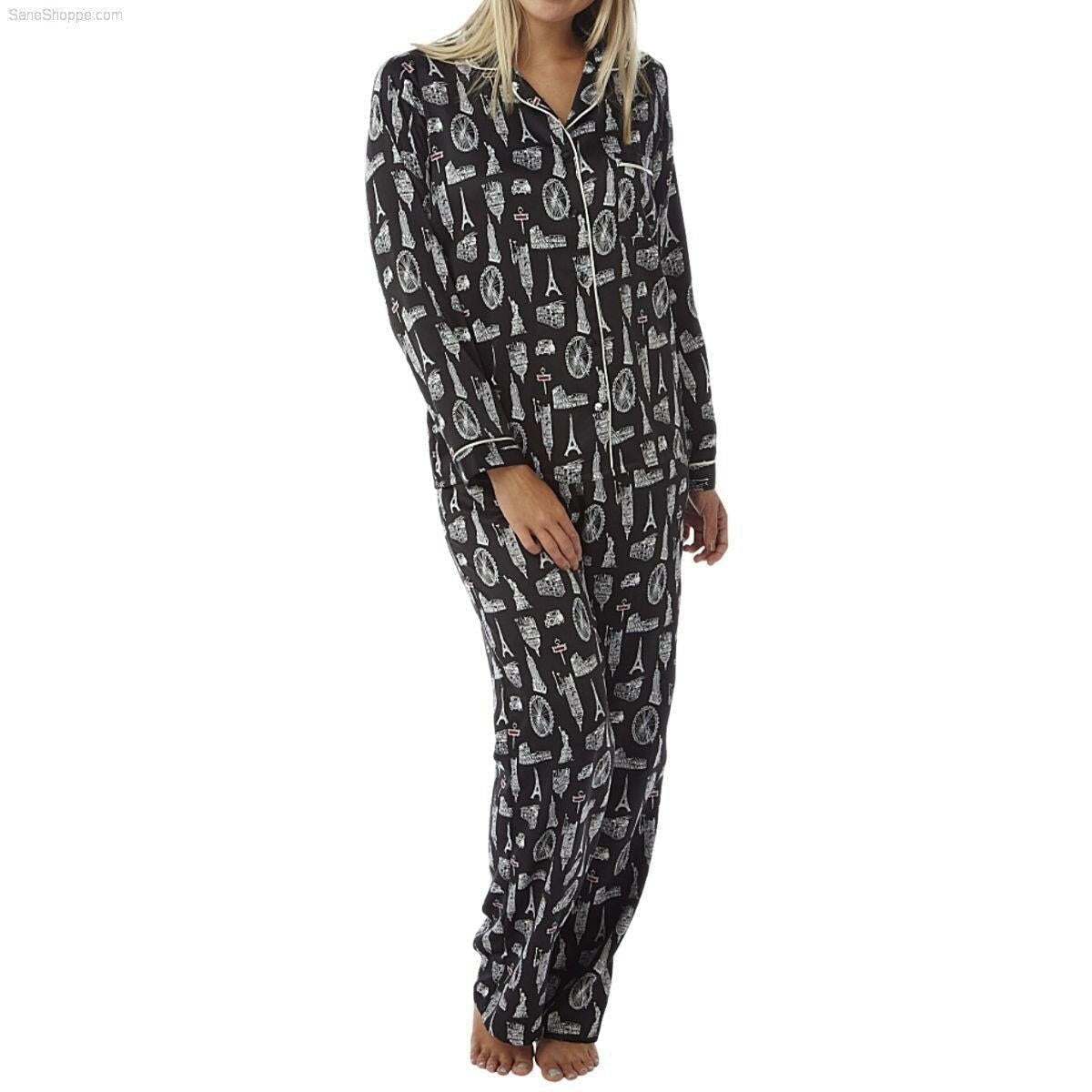 Women’s Satin Pyjamas Long Sleeve Nightwear Loungewear Set City Print - SaneShoppe