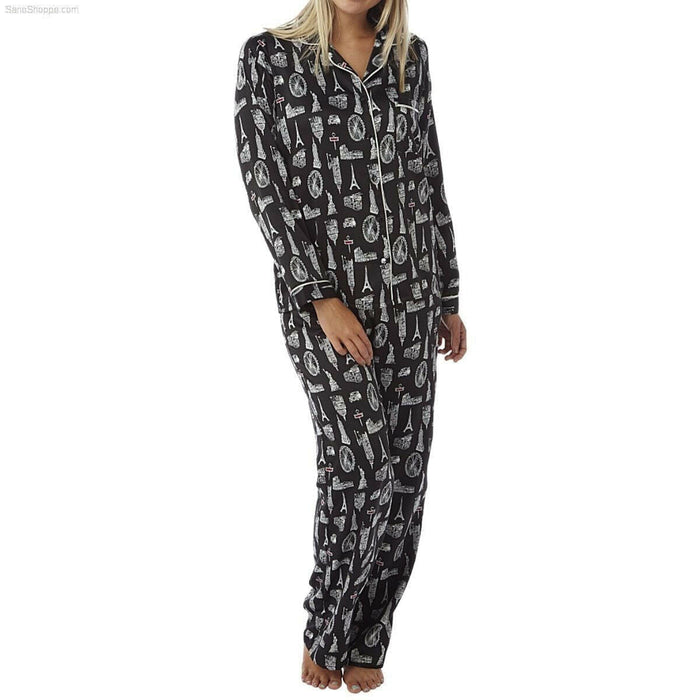 Women’s Satin Pyjamas Long Sleeve Nightwear Loungewear Set City Print - SaneShoppe