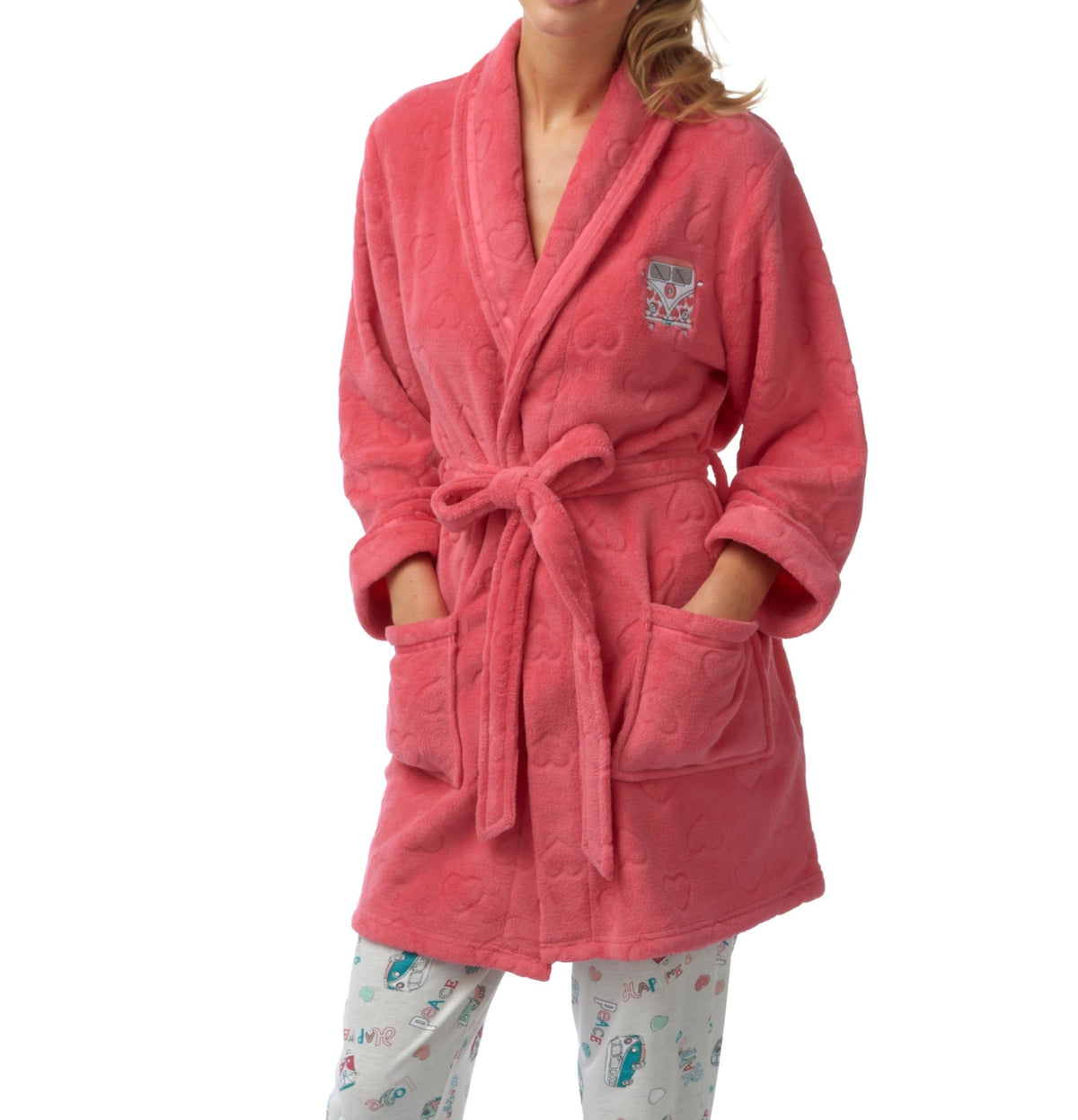 Womens Soft Fleece Short Length Dressing Gowns Coral and Ivory - SaneShoppe