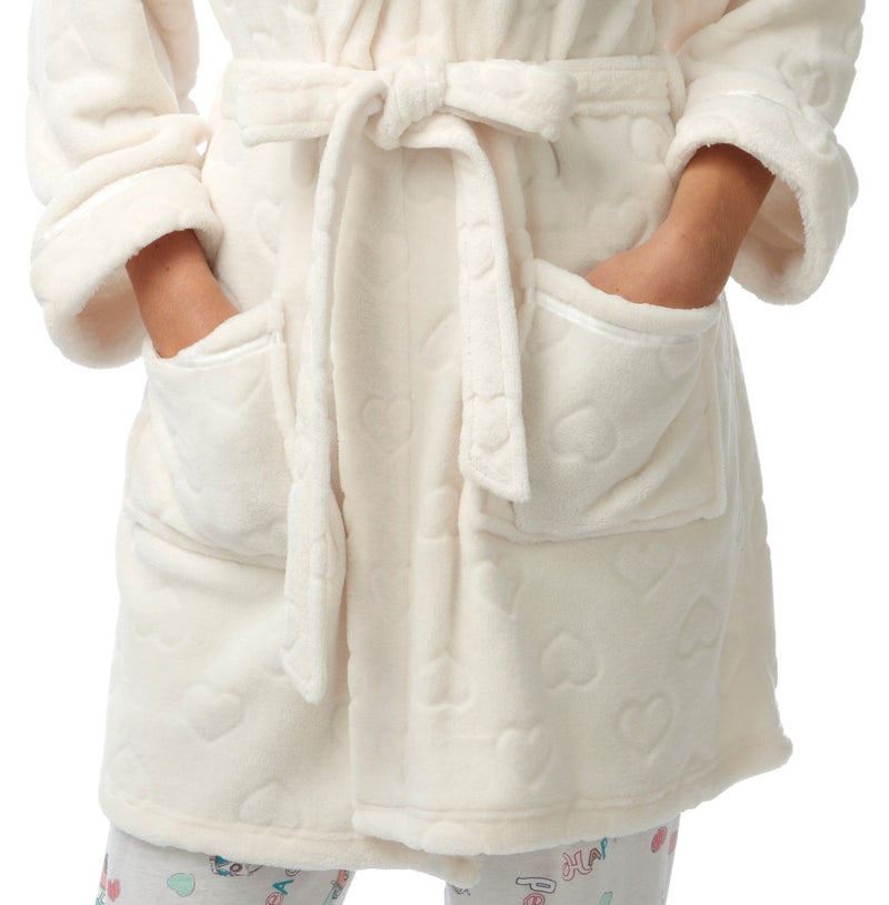 Womens Soft Fleece Short Length Dressing Gowns Coral and Ivory - SaneShoppe