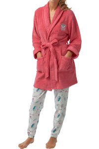 Womens Soft Fleece Short Length Dressing Gowns Coral and Ivory - SaneShoppe