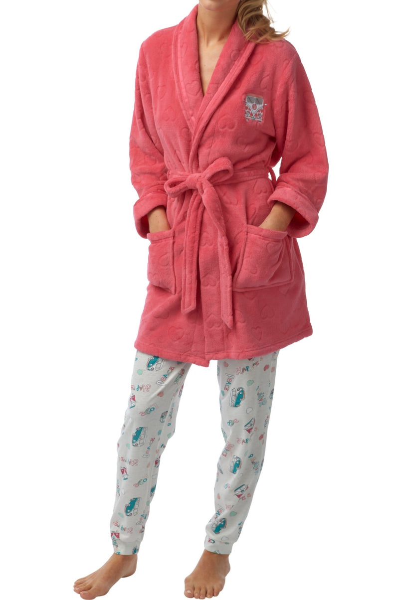 Womens Soft Fleece Short Length Dressing Gowns Coral and Ivory - SaneShoppe