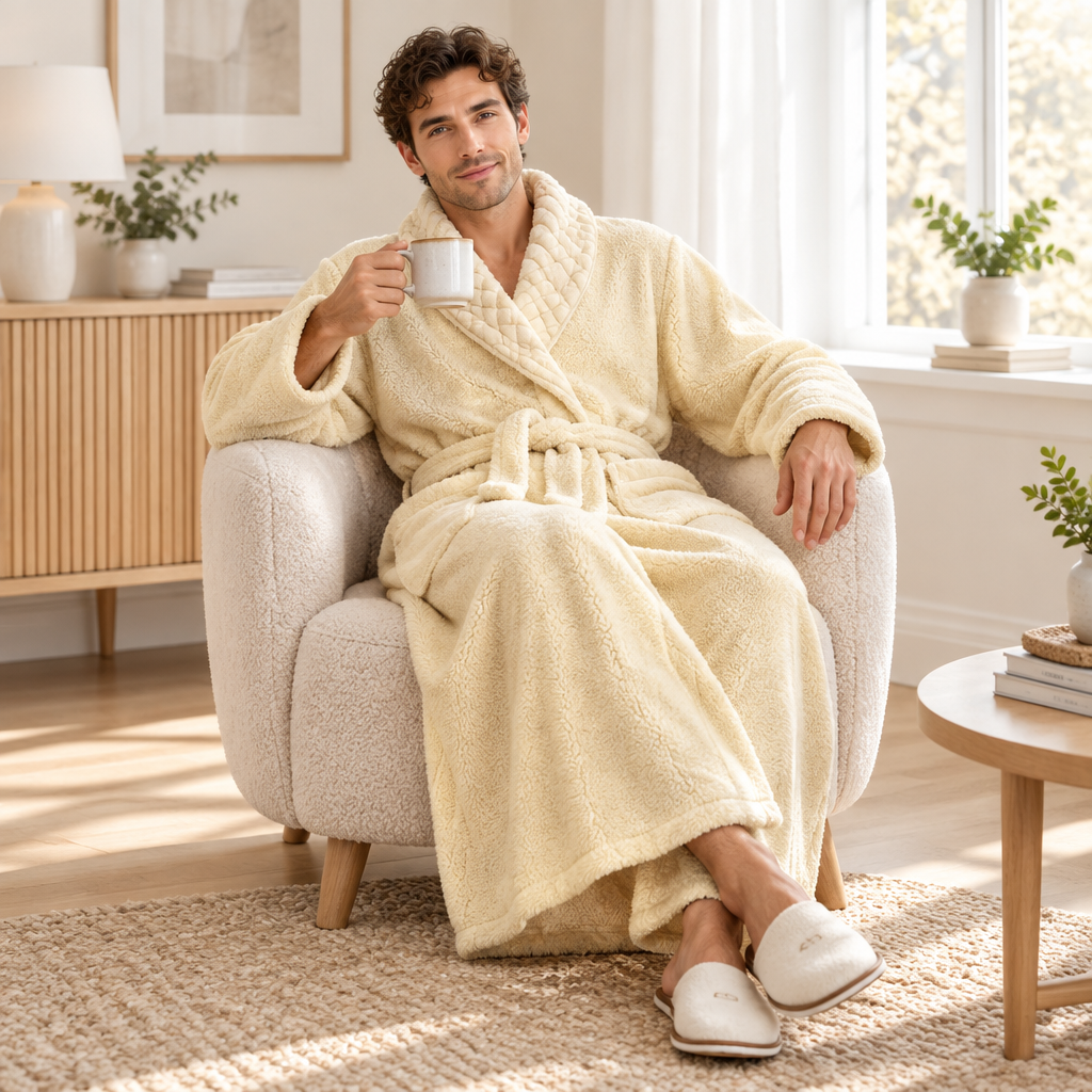 Men's Oversized Fleece Bathrobe - Coral Flannel Kimono Robe for Couples
