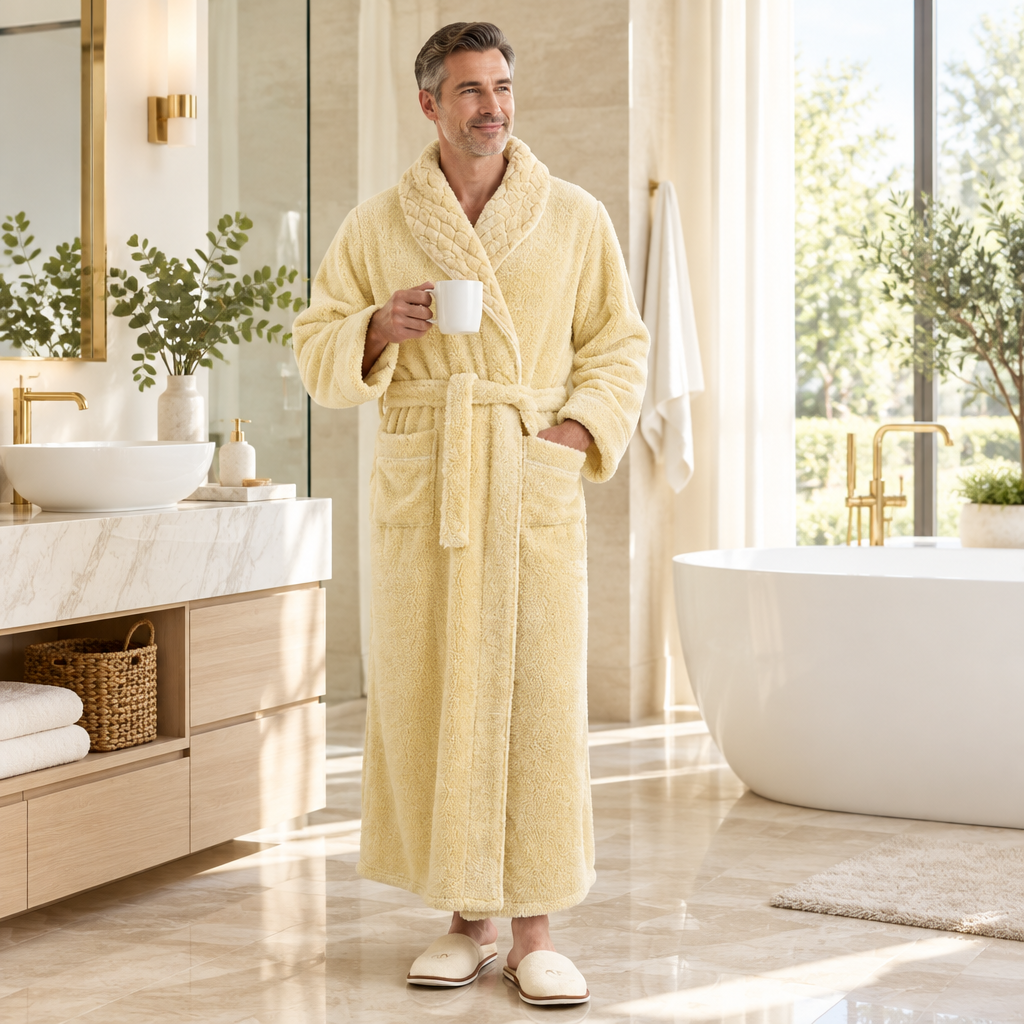 Men's Oversized Fleece Bathrobe - Coral Flannel Kimono Robe for Couples
