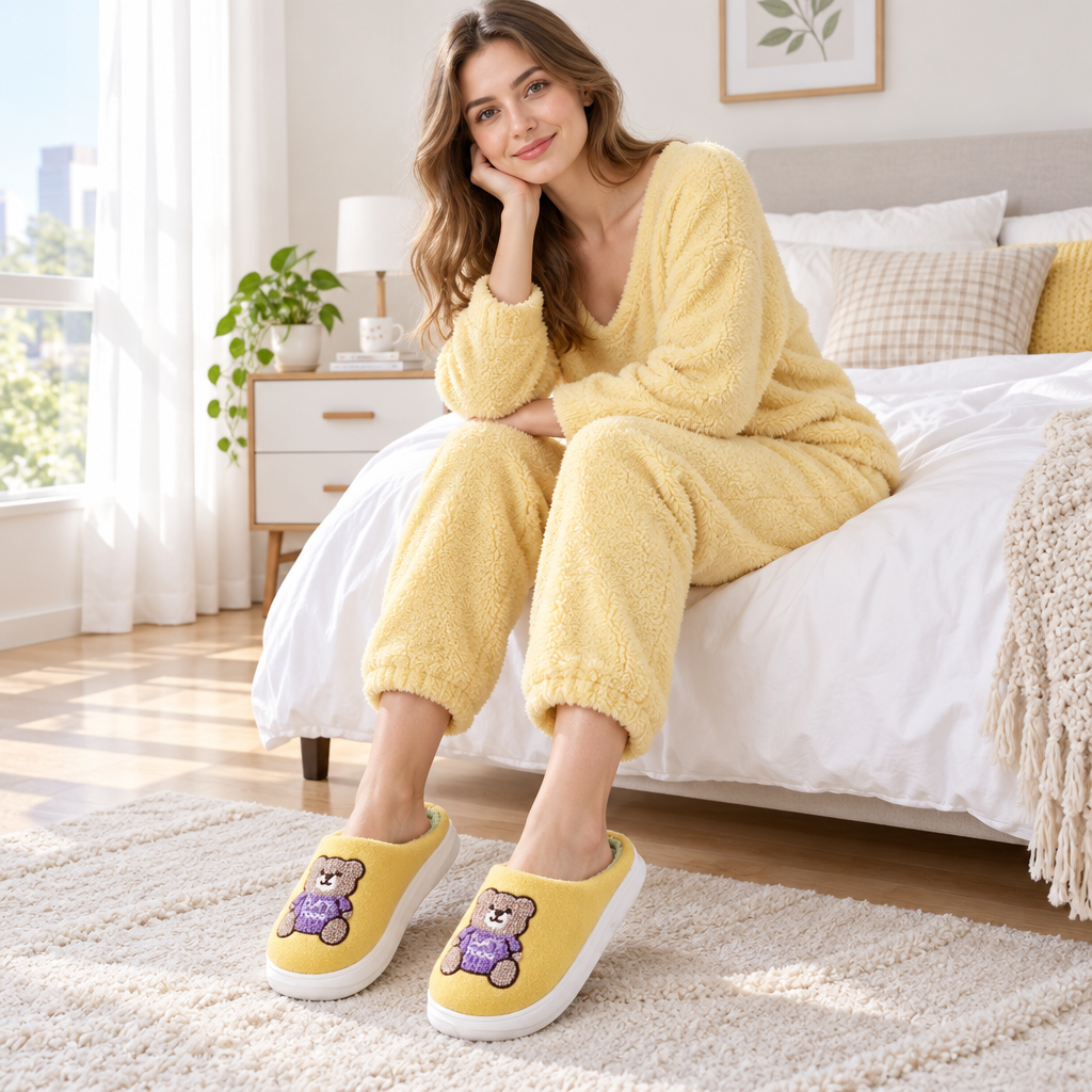 Step into Comfort with Cartoon Bear Woolen Slippers for Women