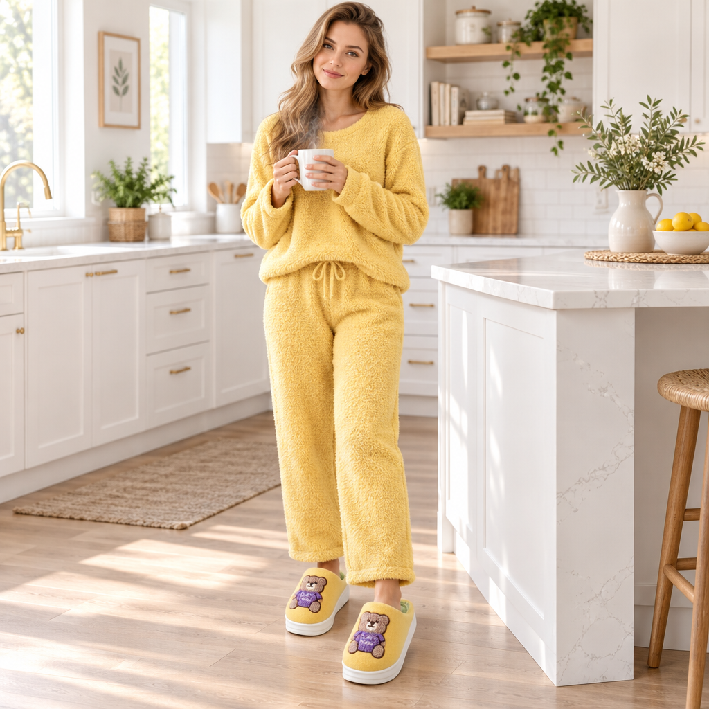 A woman stands in a bright, modern kitchen wearing a fuzzy yellow two-piece pajama set with matching slip-on socks. She holds a white mug, and the kitchen features white cabinets, a marble island, and warm sunlight streaming in from a window.