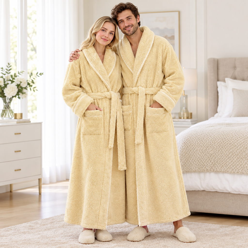 Men's Oversized Fleece Bathrobe - Coral Flannel Kimono Robe for Couples