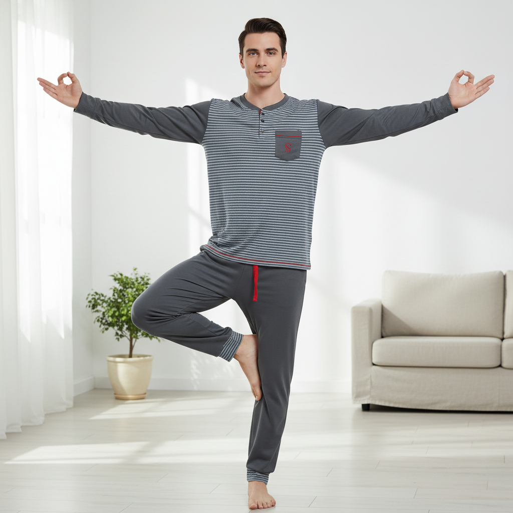 A man in a gray and white striped long-sleeve pajama set with dark gray pants poses in a yoga tree pose in a bright, modern living room.